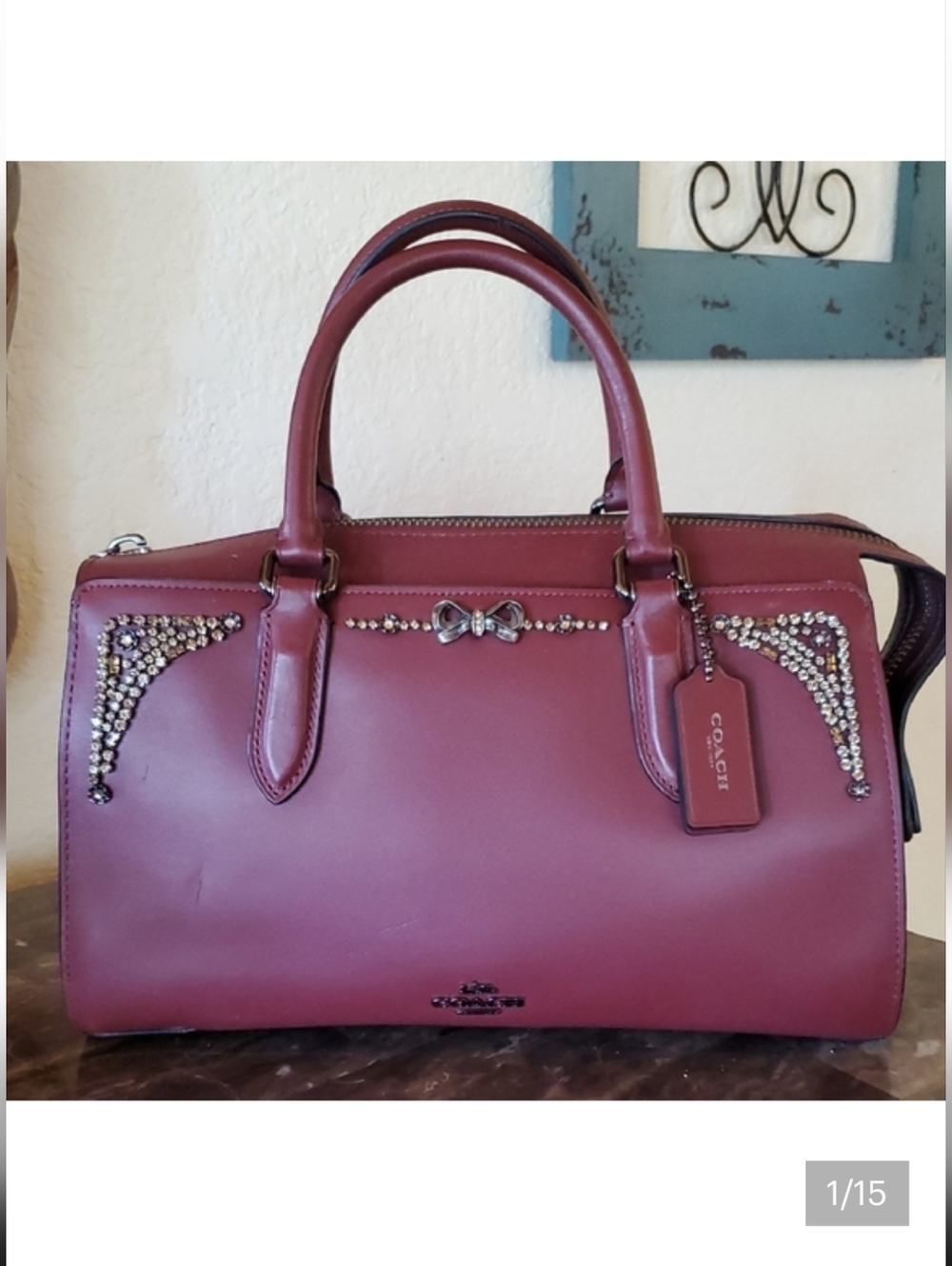Coach Wine Leather Satchel with Crystal Bow Detail